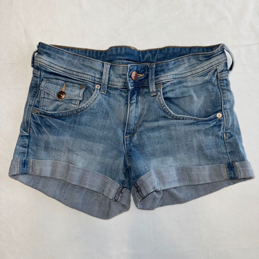 H&M &Denim Womens Blue Denim Shorts Cuffed Pockets Casual Size 6